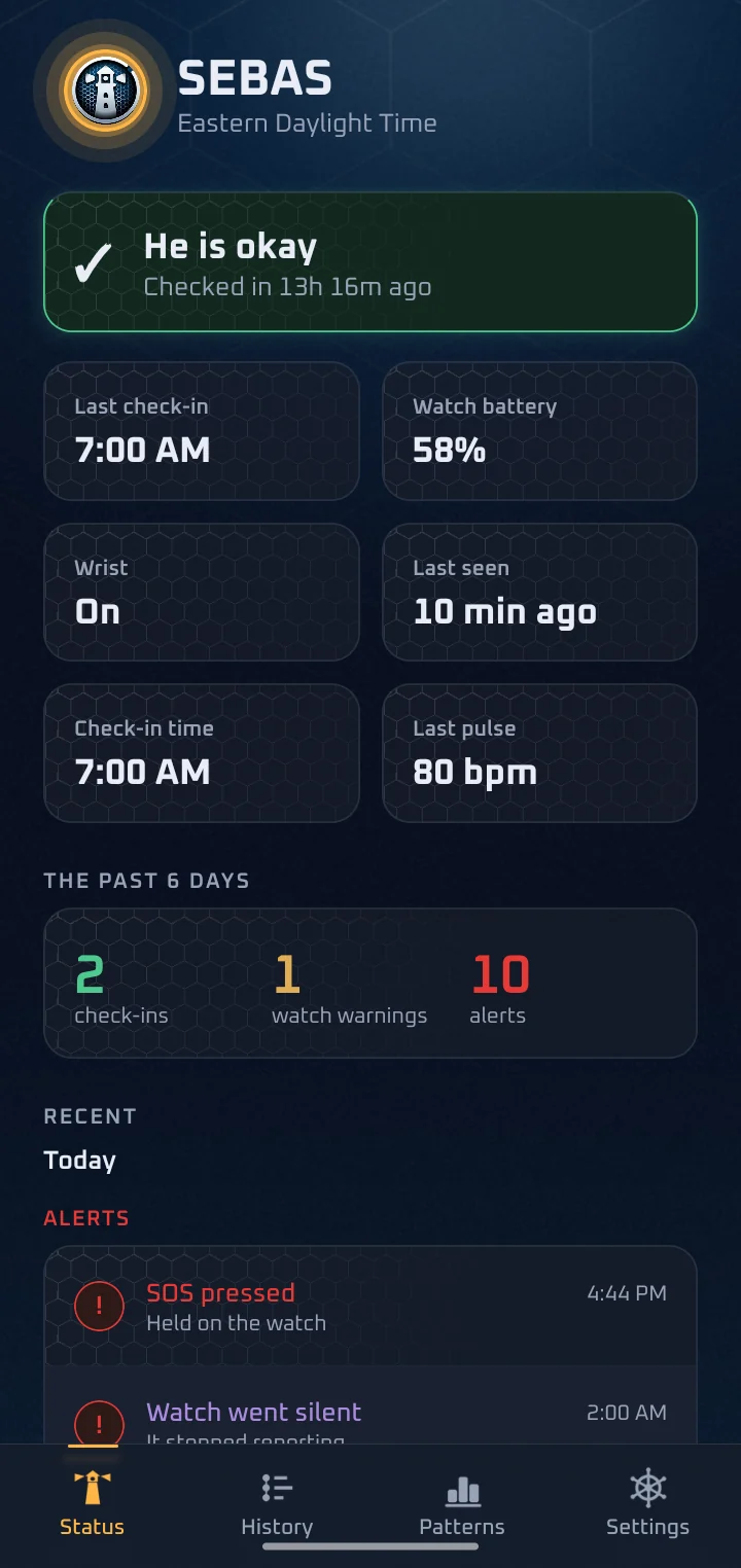 The Status screen on the phone for Eve, Mom: All good, checked in 2 min ago at 5:39 PM, watch battery 93 percent, on the wrist, pulse 83 bpm