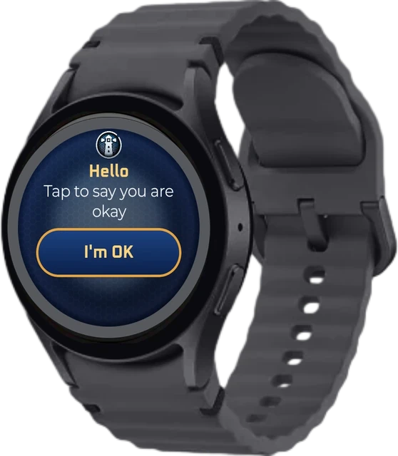 The Lanturne check-in on a Galaxy Watch: Hello, tap to say you are okay, and an I'm OK button
