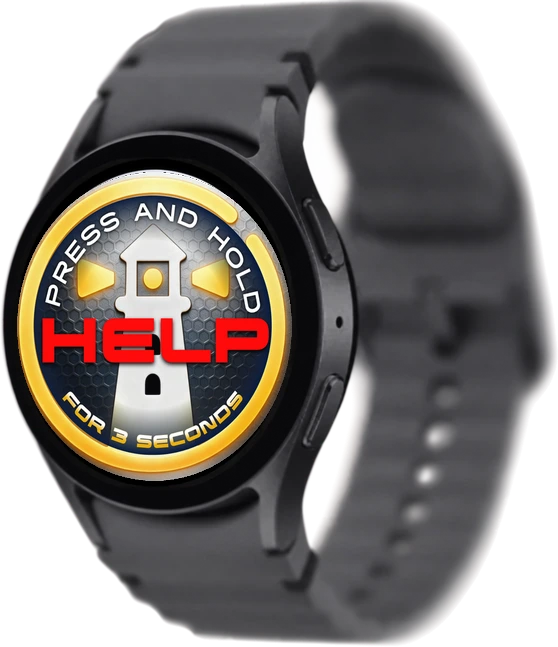 The Lanturne HELP button on a Galaxy Watch: a lighthouse in a gold ring with HELP in red